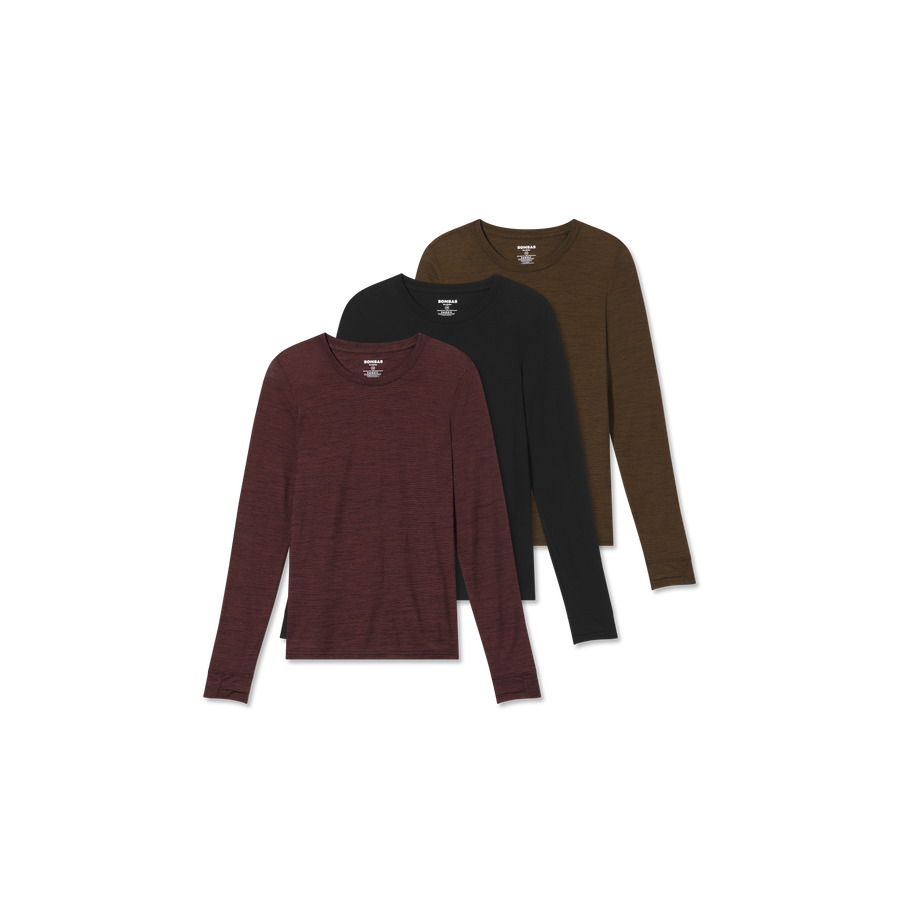 Women's Merino Wool Blend Crew Neck Long Sleeve T-Shirt 3-Pack - Active Race Hold