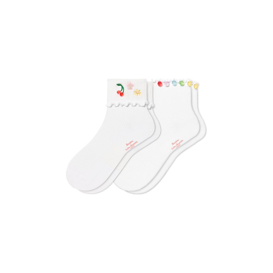 Bombas x Susan Alexandra Embellished Ruffle Rib Quarter Sock 2-Pack - Easy Court Step